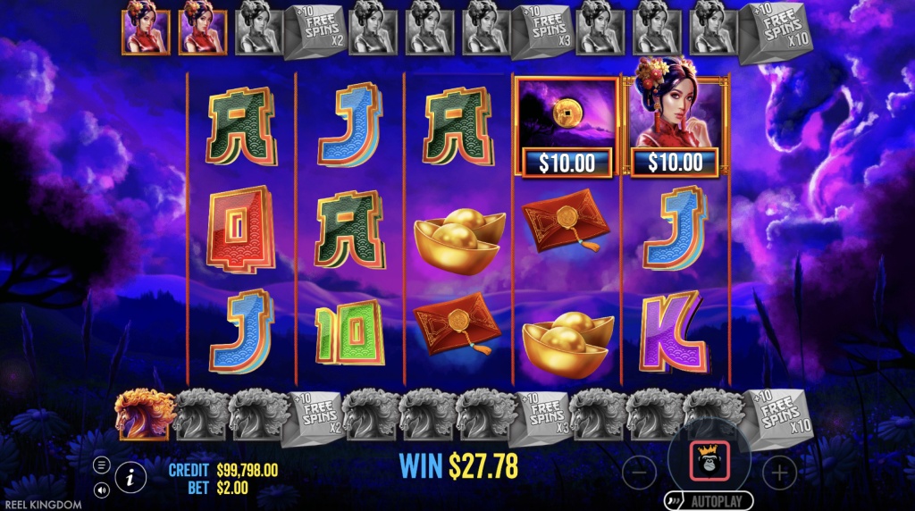 Skärmbild av free spins-spelet i Floating Dragon Wild Horses