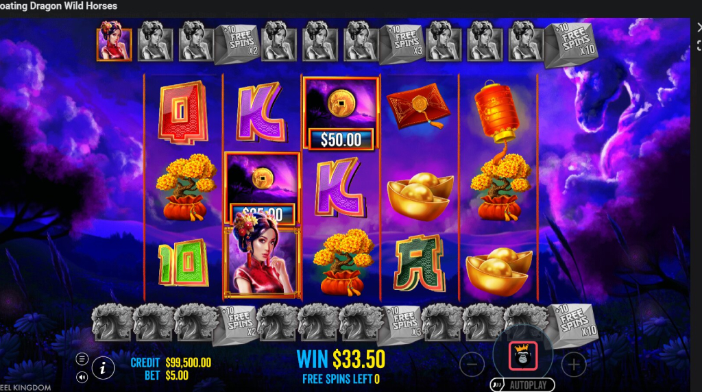 Screenshot from the free spins round of Floating Dragon Wild Horses