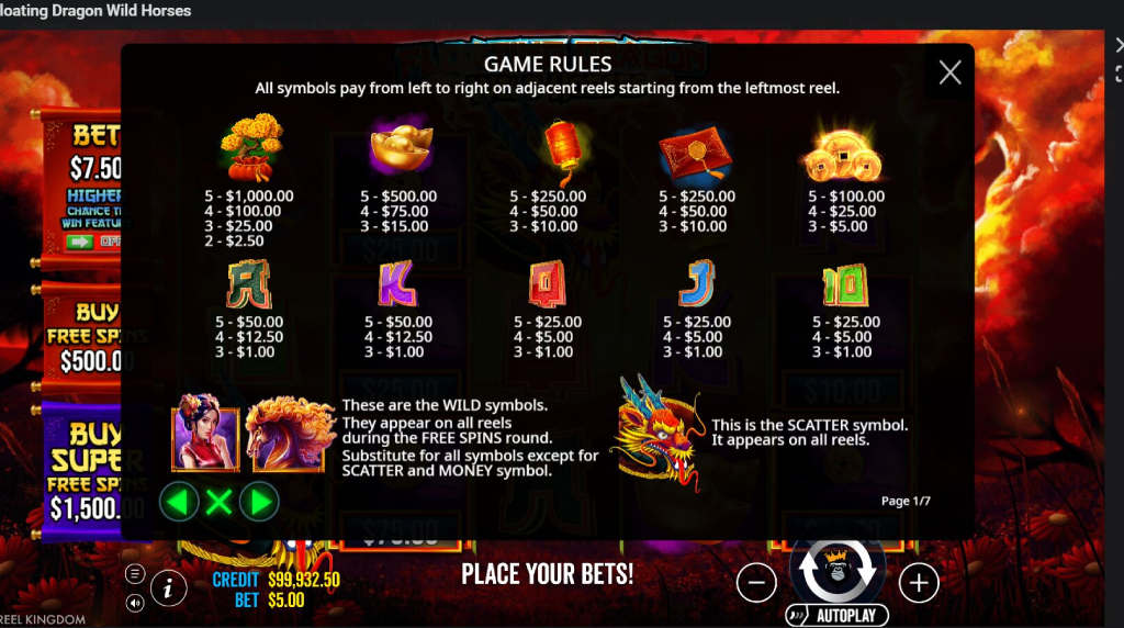 Screenshot from the Paytable of Floating Dragon Wild Horses