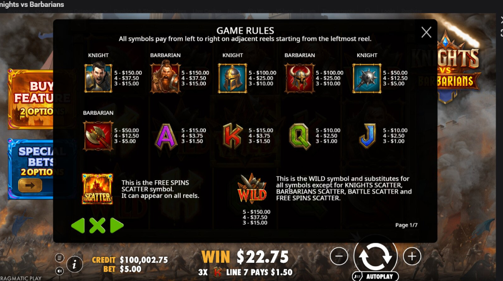 Screenshot from the Paytable of Knights vs Barbarians