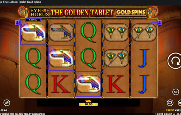Screenshot from the New Eye of Horus the Golden Tablet Gold Spins Slot by Blueprint Gaming