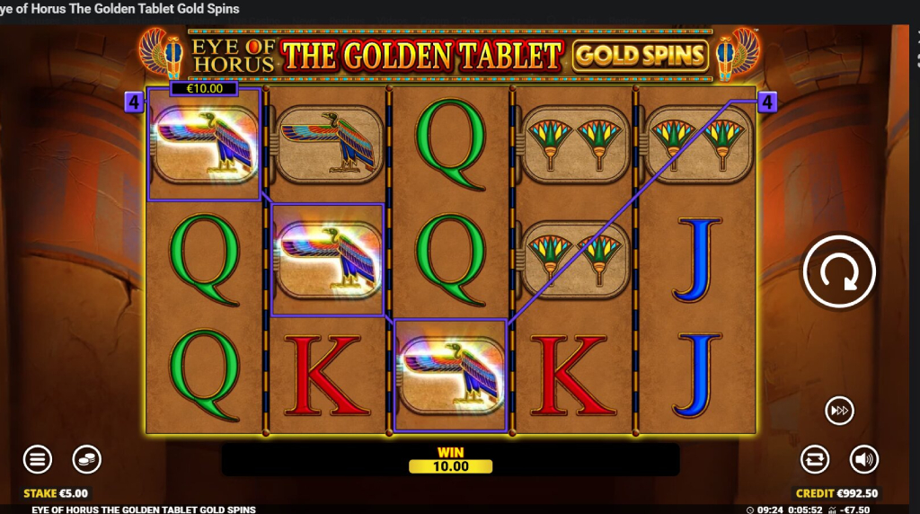 Screenshot from the New Eye of Horus the Golden Tablet Gold Spins Slot by Blueprint Gaming