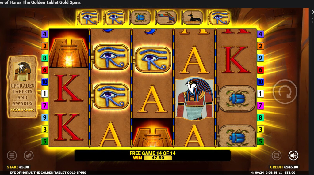 Screenshot from the free spins game of Eye of Horus the Golden Tablet Gold Spins