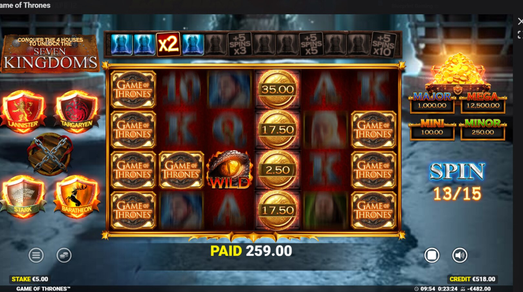 Screenshot from the free spins game of Game of Thrones