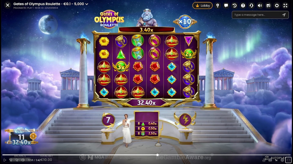 ​​​Screenshot from the Bonus Round of Gates of Olympus Roulette Live