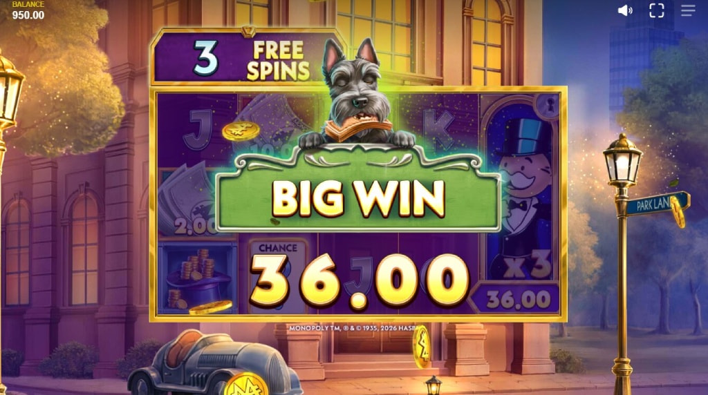 Screenshot from the free spins game of Monopoly Money Magnate