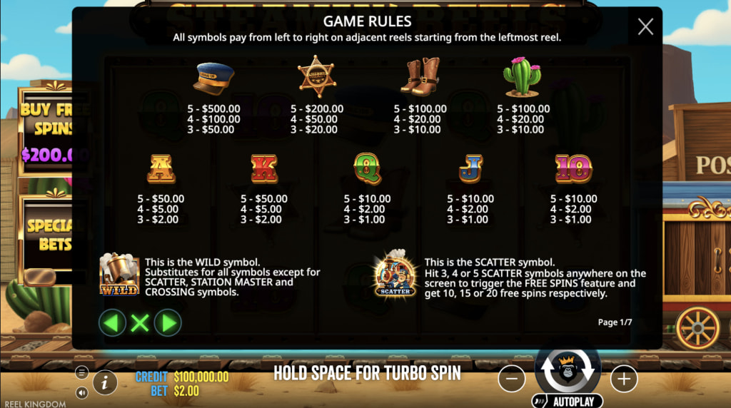 Skärmbild av vinsttabellen i Steamin’ Reels