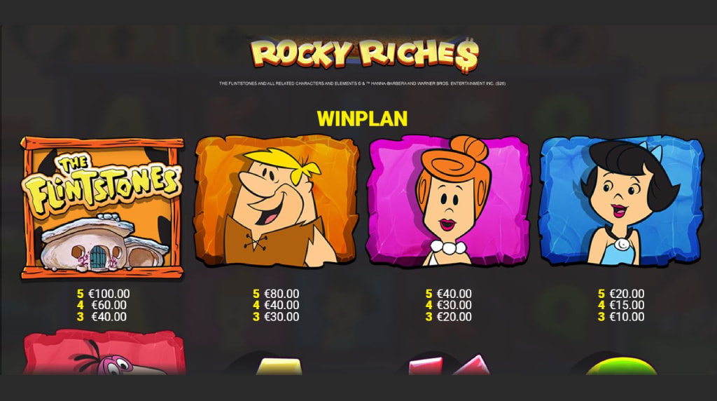 Skärmbild av vinsttabellen i The Flintstones Rocky Riches slot