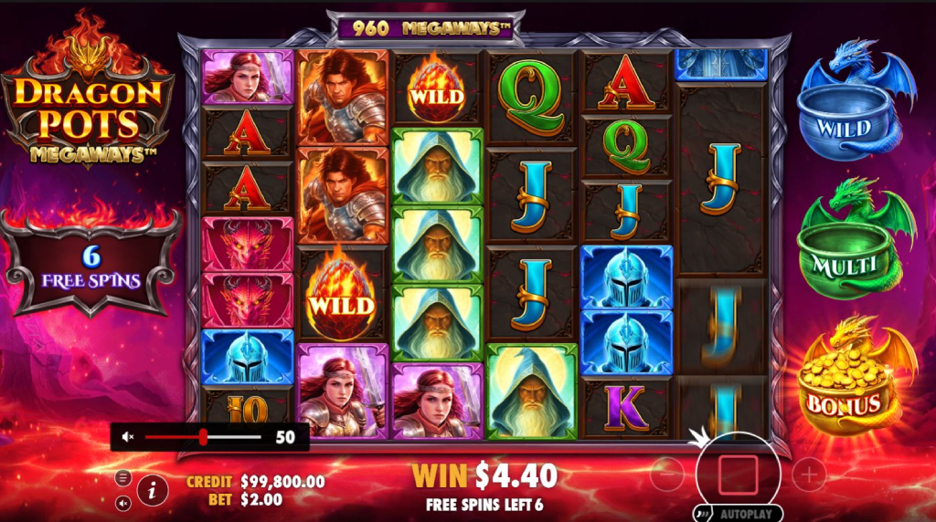 Screenshot from the free spins game of Dragon Pots Megaways