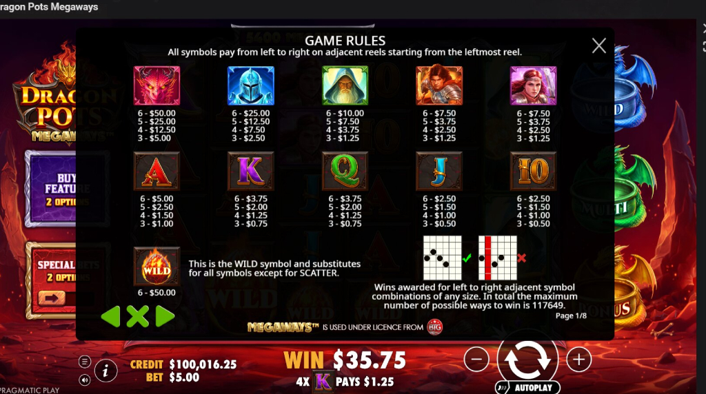 Screenshot from the Paytable of Dragon Pots Megaways