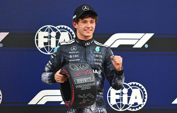 Kimi Antonelli with his Pirelli Pole Position award during the 2026 Japanese Grand Prix weekend.