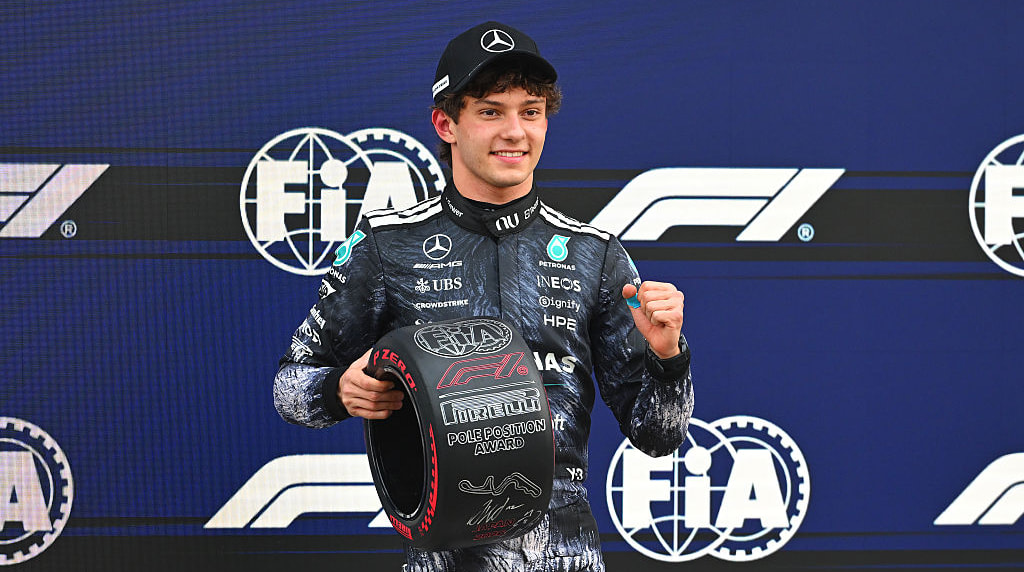 Kimi Antonelli with his Pirelli Pole Position award during the 2026 Japanese Grand Prix weekend.