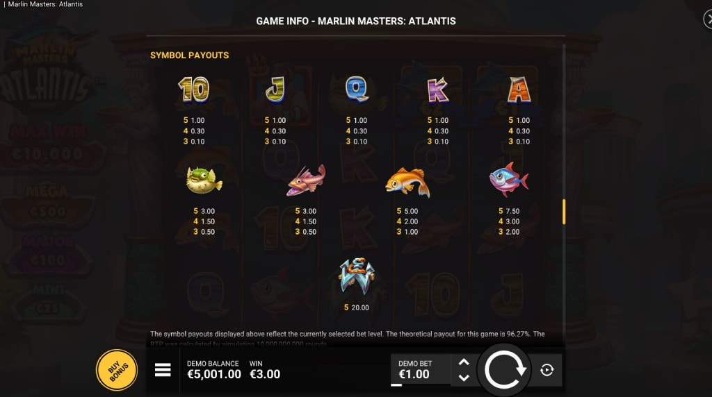 Screenshot from the Paytable of Marlin Masters Atlantis