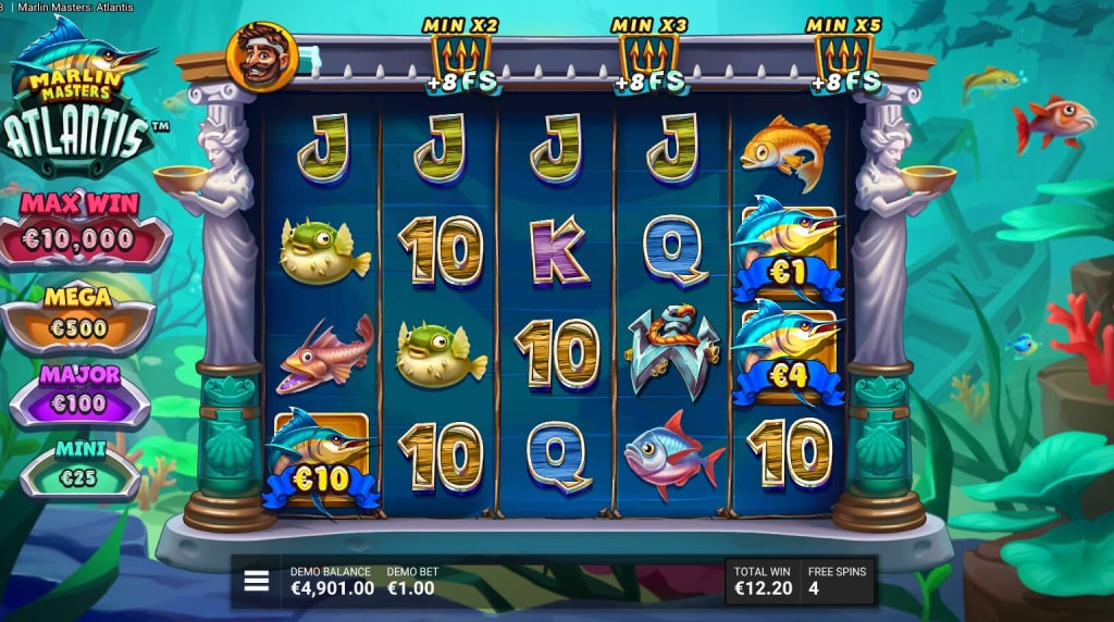 Screenshot from the Sunken Empire Free Spins Feature of Marlin Masters Atlantis