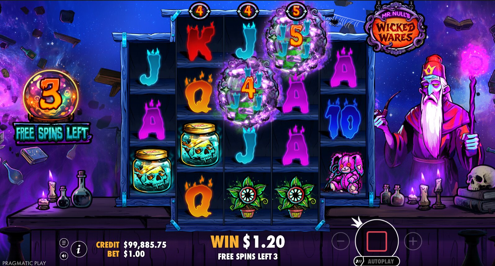 Screenshot from the Free Spins Round of Mr Null's Wicked Wares