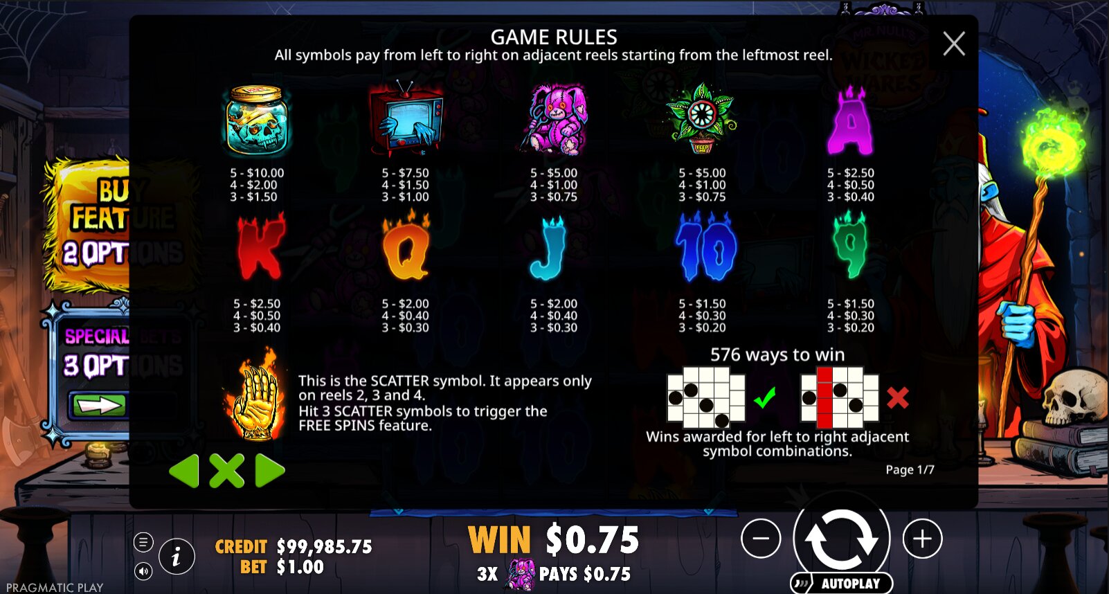 Screenshot from the Paytable of Mr Null's Wicked Wares