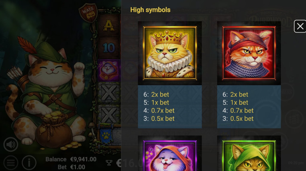 Screenshot from the Paytable of Prince of Purrwood