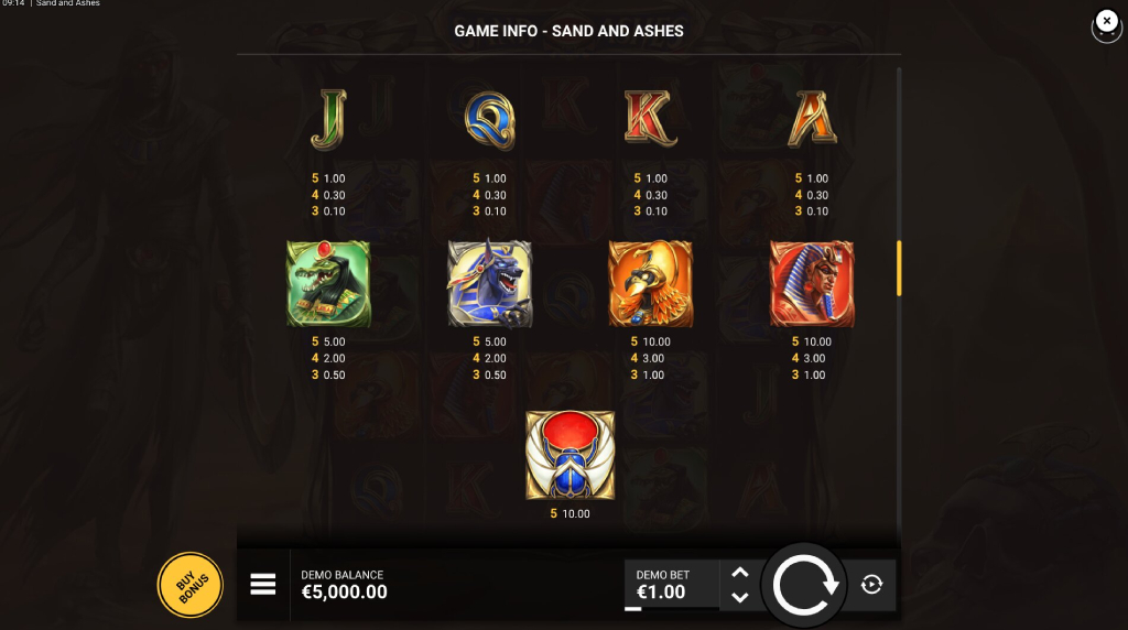 Screenshot from the Paytable of Sand and Ashes