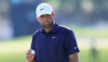 Scottie Scheffler reacts after a birdie on the 14th green during the final round of the 2025 PGA Championship.