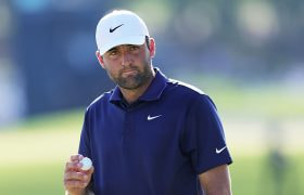 Scottie Scheffler reacts after a birdie on the 14th green during the final round of the 2025 PGA Championship.