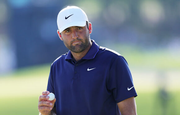 Scottie Scheffler reacts after a birdie on the 14th green during the final round of the 2025 PGA Championship.