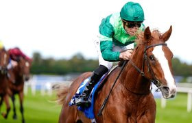 Benvenuto Cellini seen winning the 2025 KPMG Champions Juvenile Stakes at Leopardstown Racecourse.