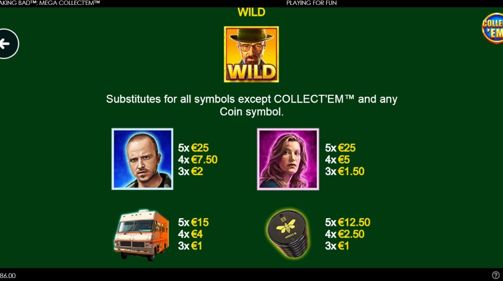 Screenshot from the Paytable of Breaking Bad Mega Collect 'em