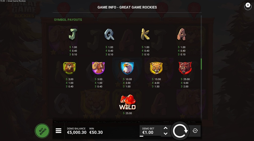Screenshot from the Paytable of Great Game Rockies