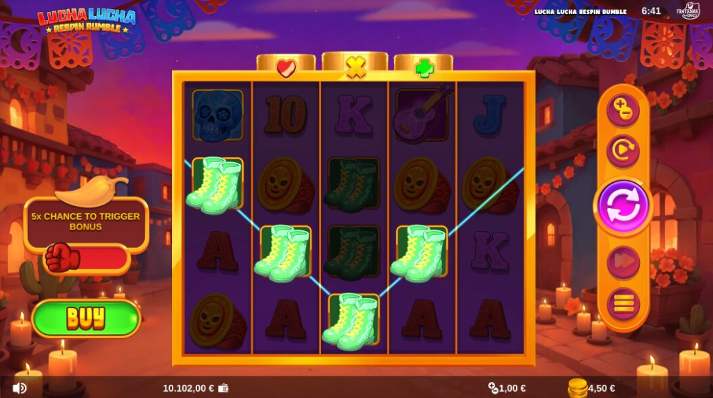 Screenshot from the New Lucha Lucha Respin Rumble Slot by Fantasma Games