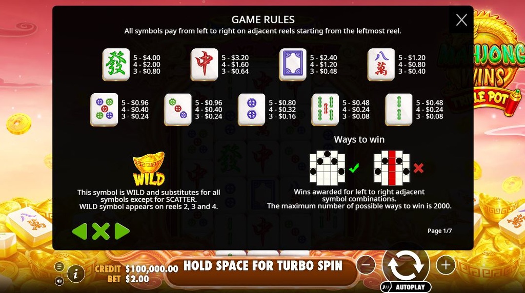 Screenshot from the Paytable of Mahjong Wins Triple Pot