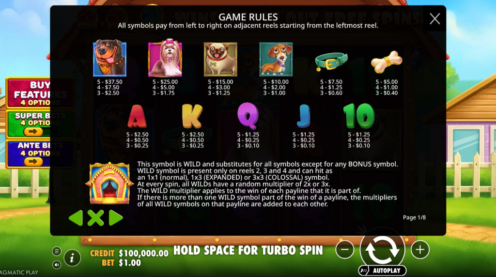 Screenshot from the Paytable of The Big Dog House