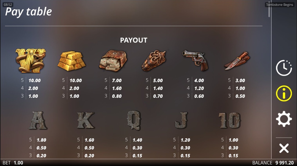 Screenshot from the Paytable of Tombstone Begins