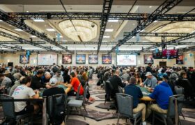 Players, Tables, Chips and Cards at the World Series of Poker.