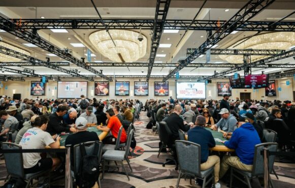 Players, Tables, Chips and Cards at the World Series of Poker.