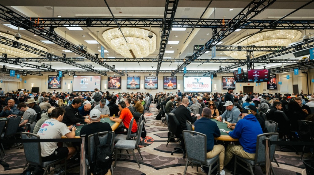 Players, Tables, Chips and Cards at the World Series of Poker.