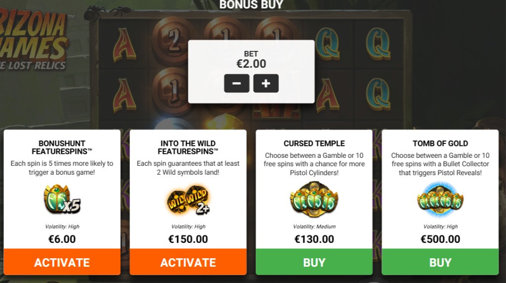 Screenshot from the Bonus Buy Feature of Arizona James and the Lost Relics