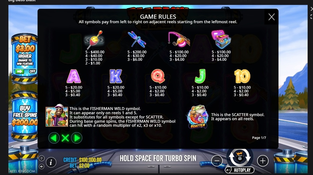 Screenshot cu tabelul de plată al slotului Big Bass Blast