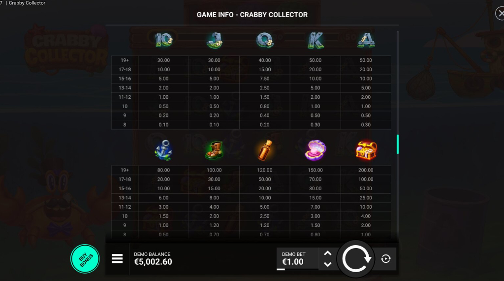 Screenshot from the Paytable of Crabby Collector