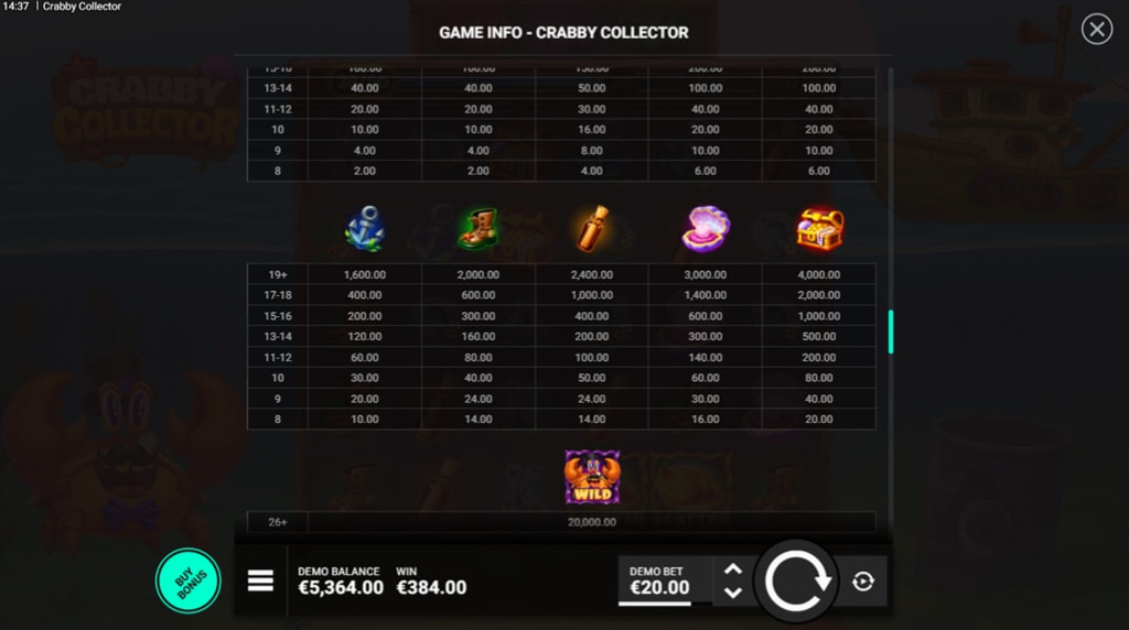 Screenshot af udbetalingstabellen i Crabby Collector