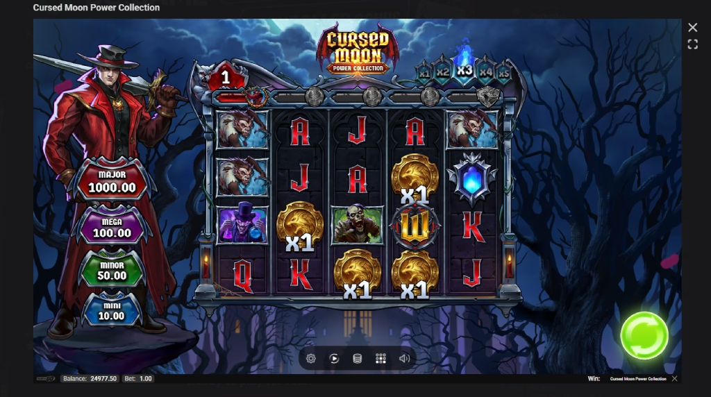 Screenshot cu multplicator activat al slotului Cursed Moon Power Collection