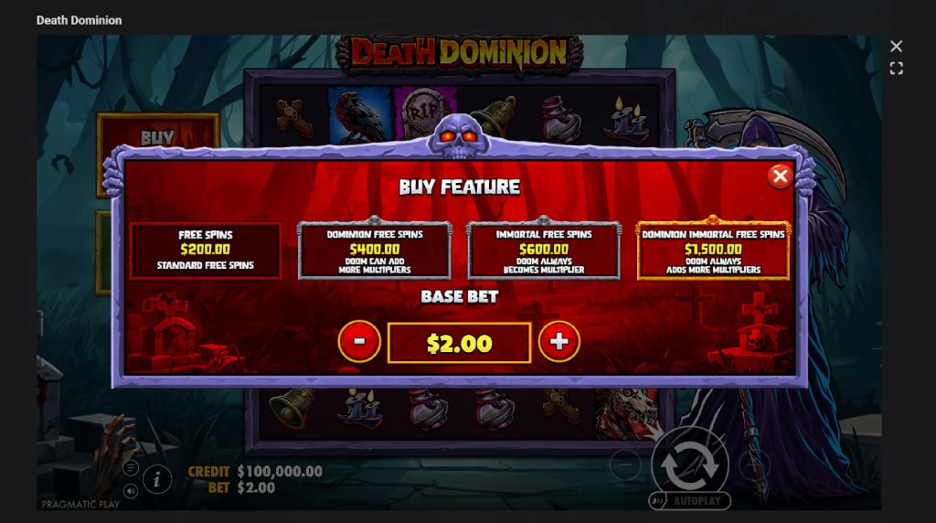 Screenshot cu funcția de cumpăarare bonus a slotului Death Dominion