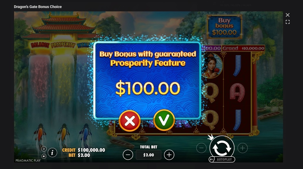 Screenshot cu funcția Bonus Buy a slotului Dragon’s Gate Bonus Choice