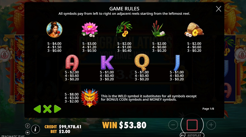 Screenshot af udbetalingstabellen i Dragon’s Gate Bonus Choice