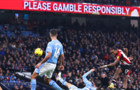 Please Gamble Responsibly Signage Seen at Etihad Stadium During a 2024 Premier League Match