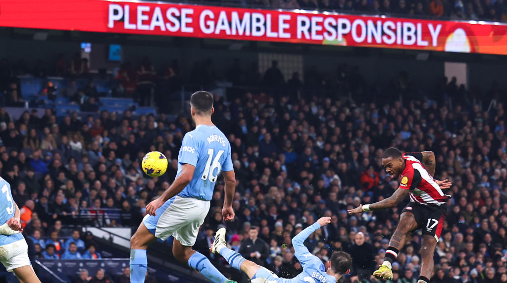 Please Gamble Responsibly Signage Seen at Etihad Stadium During a 2024 Premier League Match