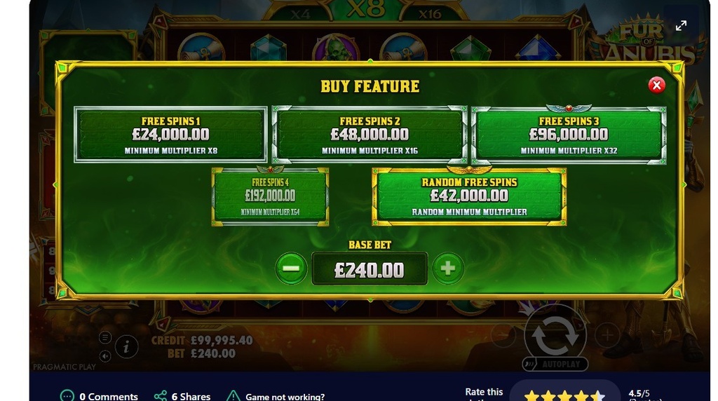 Screenshot cu funcția Bonus Buy a slotului Fury of Anubis