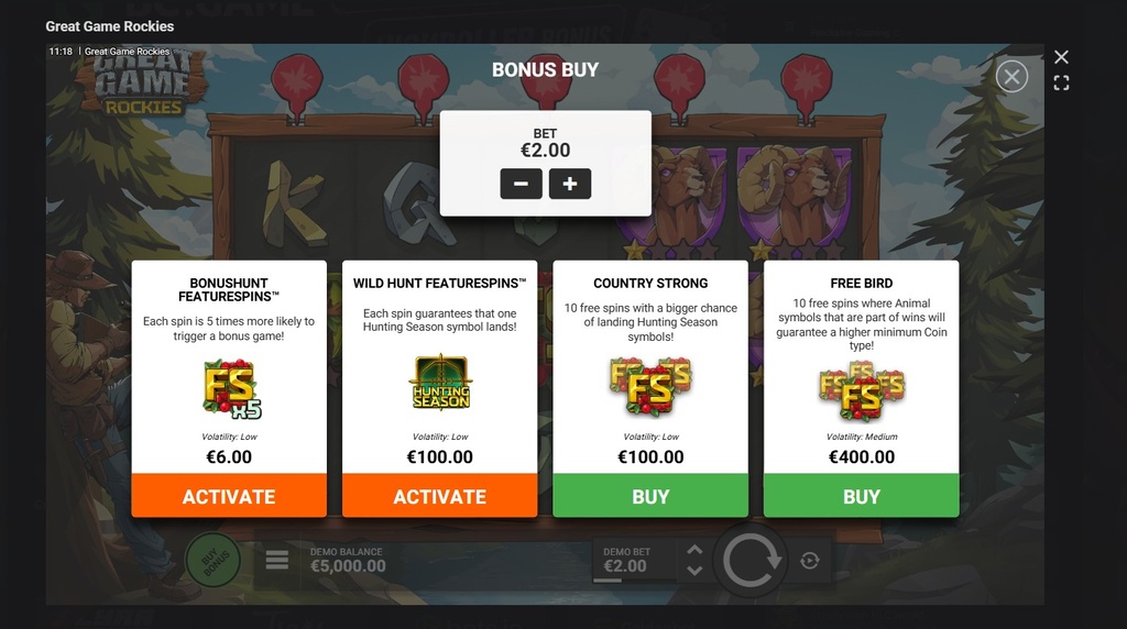 Screenshot cu funcția Bonus Buy a slotului Grreat Game Rockies