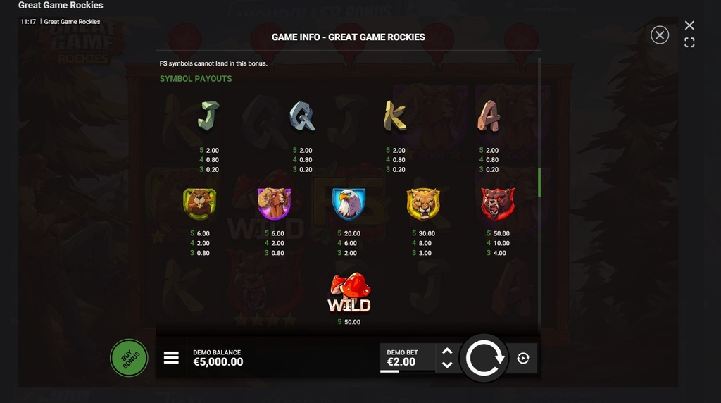 Screenshot cu tabelul de plată al slotului Great Game Rockies