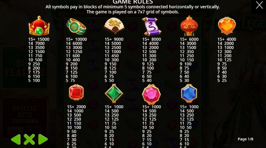 Screenshot van de uitbetalingstabel van Jade Legends van Pragmatic Play