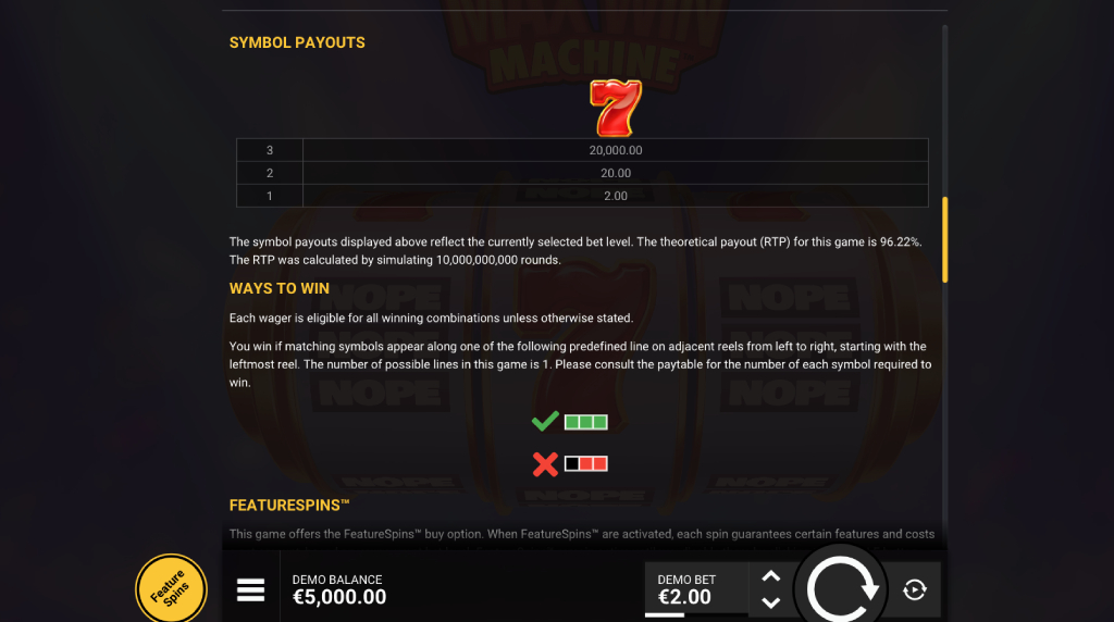 Screenshot from the paytable of Max Win Machine